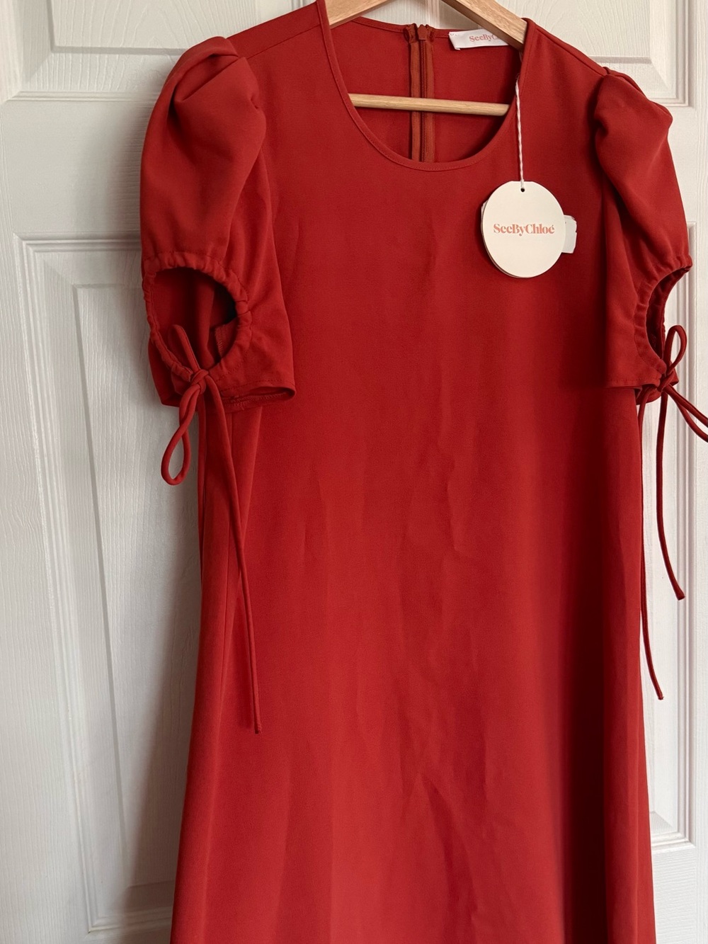 See By Chloe scarlet puff-sleeve dress with sleeve ties